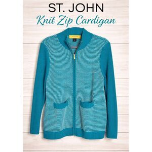 St John Mock Neck Zipped Wool sweater w/ Pockets Long Sleeve SZ XL green/white